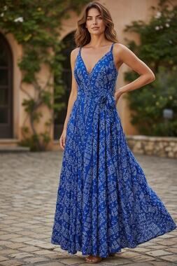Advance Royal Blue with White Spaghetti Strap Maxi Dress, Women's OSFM